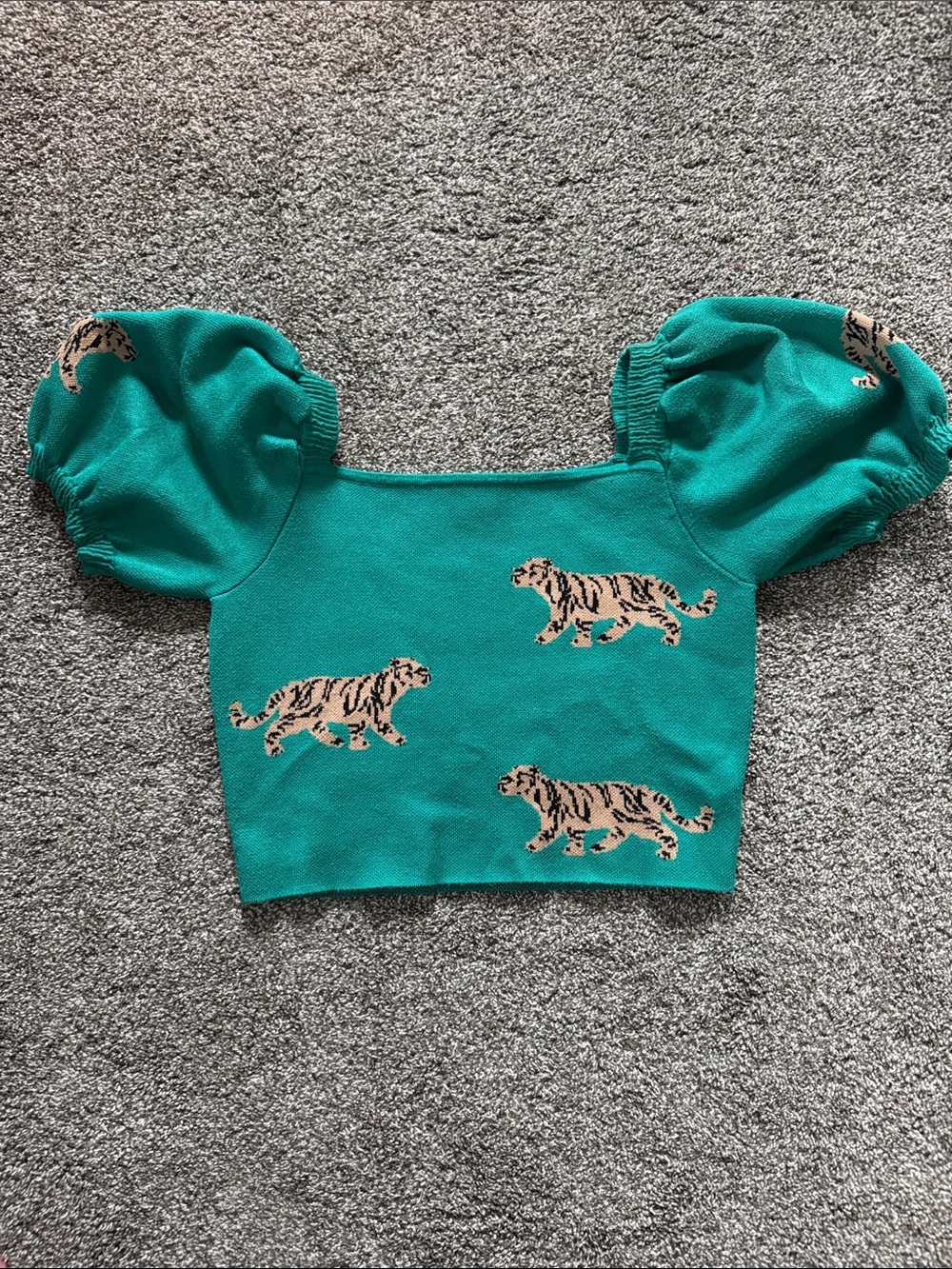 Women’s Teal Puff-Sleeve Top with Tiger Motif
